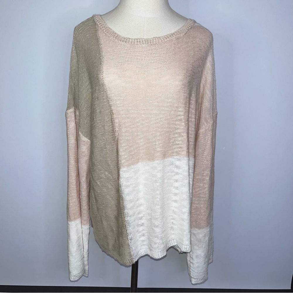 VERY J Green Ivory Tan Color Block Acrylic Boho Knit Crew Neck Sweater Large
